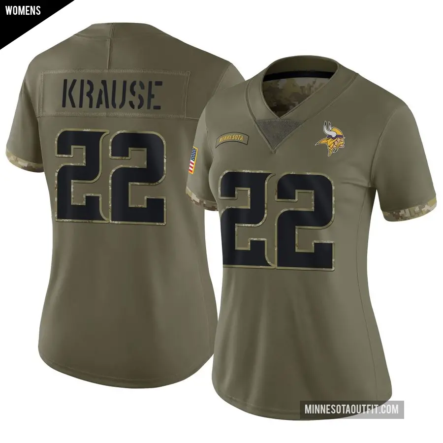 Women's Minnesota Vikings ＃22 Paul Krause Olive Limited 2022 Salute To Service Jersey