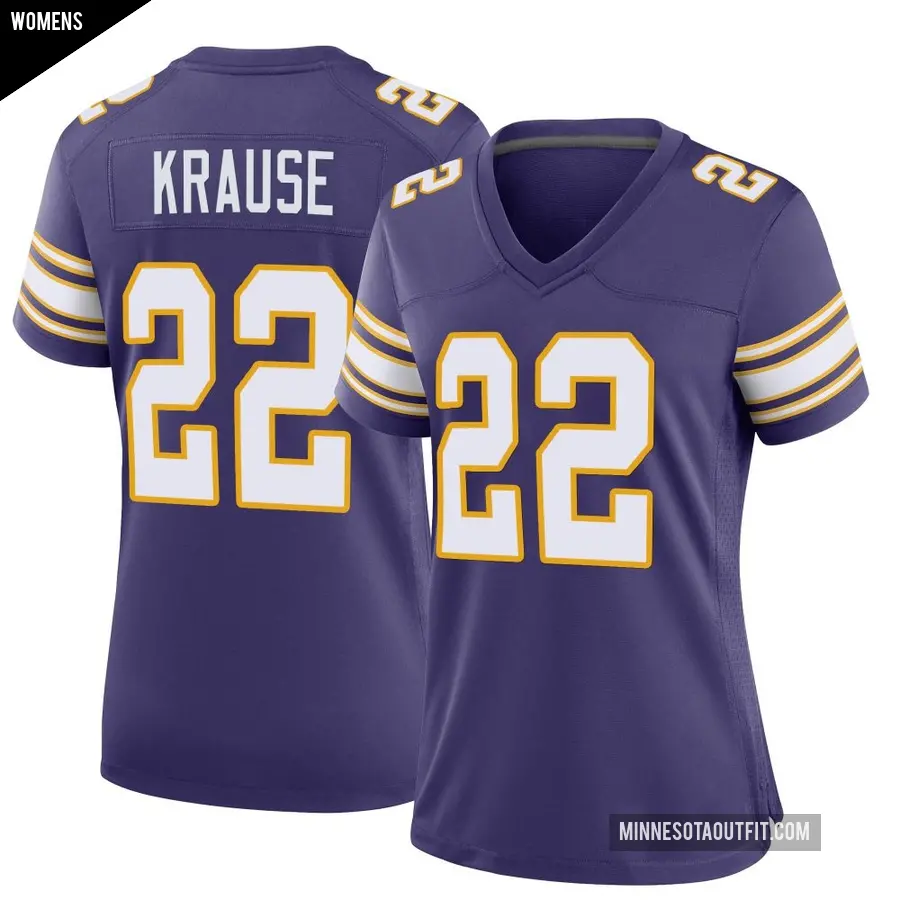 Women's Minnesota Vikings ＃22 Paul Krause Purple Game Classic Jersey
