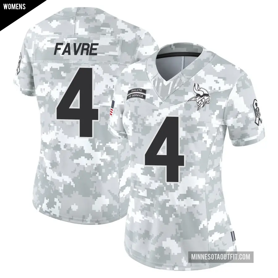 Women's Minnesota Vikings ＃4 Brett Favre Arctic Camo Limited 2024 Salute to Service Jersey