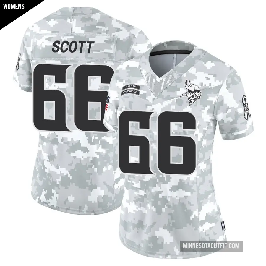 Women's Minnesota Vikings ＃66 Jordon Scott Arctic Camo Limited 2024 Salute to Service Jersey