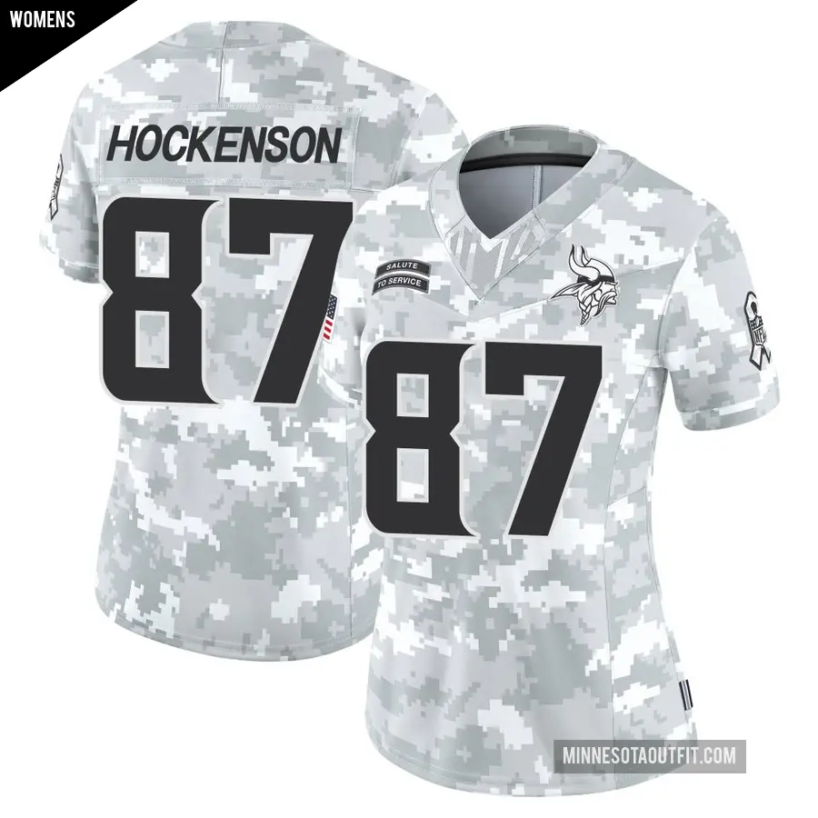 Women's Minnesota Vikings ＃87 T.J. Hockenson Arctic Camo Limited 2024 Salute to Service Jersey