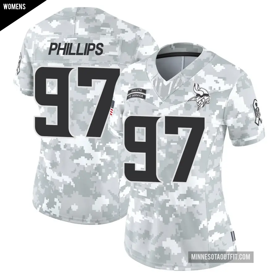 Women's Minnesota Vikings ＃97 Harrison Phillips Arctic Camo Limited 2024 Salute to Service Jersey