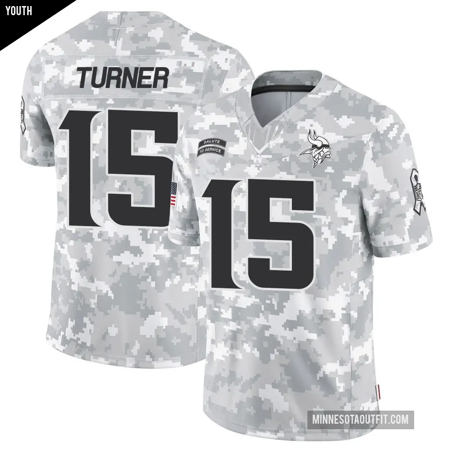 Youth Minnesota Vikings ＃15 Dallas Turner Arctic Camo Limited 2024 Salute to Service Jersey