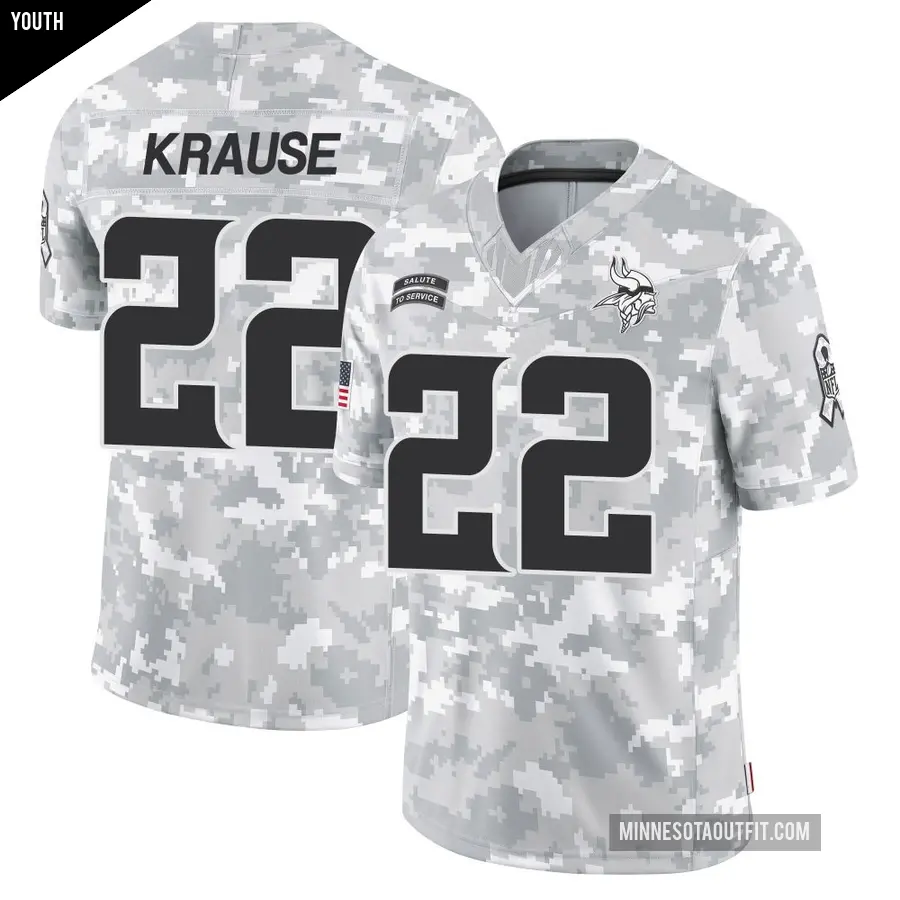 Youth Minnesota Vikings ＃22 Paul Krause Arctic Camo Limited 2024 Salute to Service Jersey