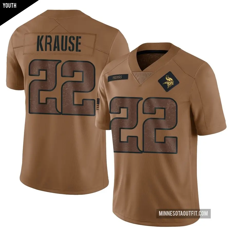Youth Minnesota Vikings ＃22 Paul Krause Brown Limited 2023 Salute To Service Jersey