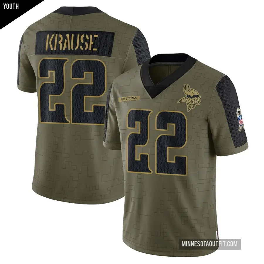 Youth Minnesota Vikings ＃22 Paul Krause Olive Limited 2021 Salute To Service Jersey