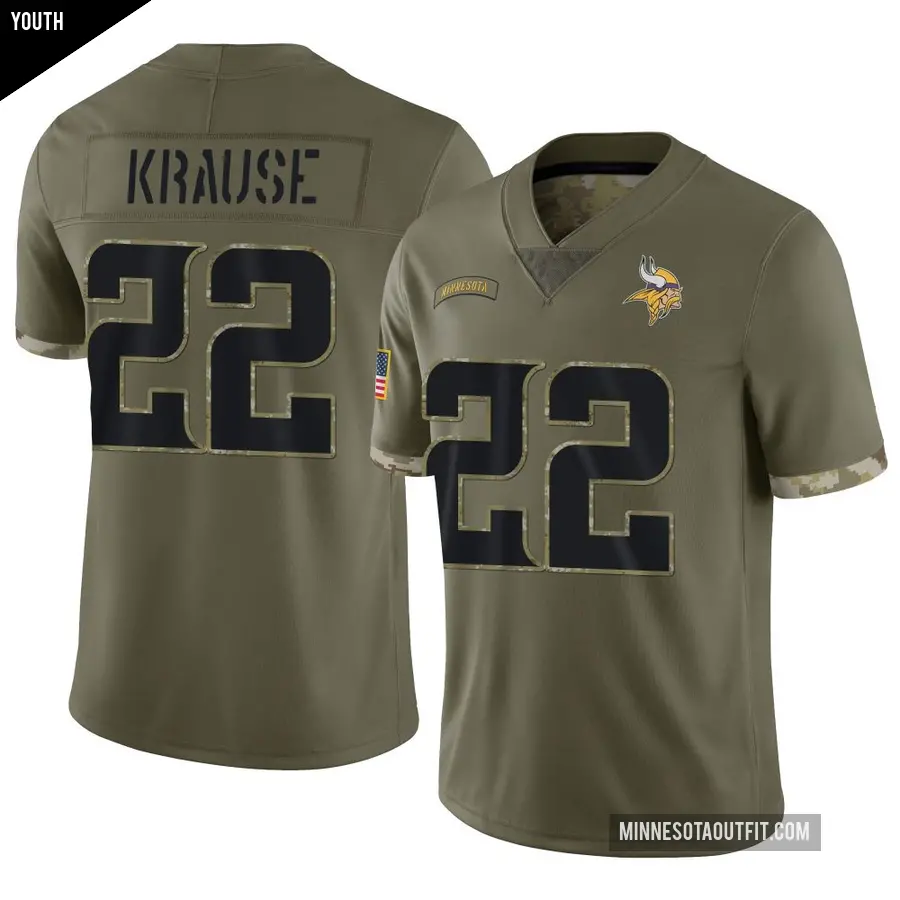 Youth Minnesota Vikings ＃22 Paul Krause Olive Limited 2022 Salute To Service Jersey