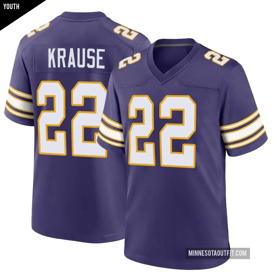 Youth Minnesota Vikings ＃22 Paul Krause Purple Game Classic Jersey