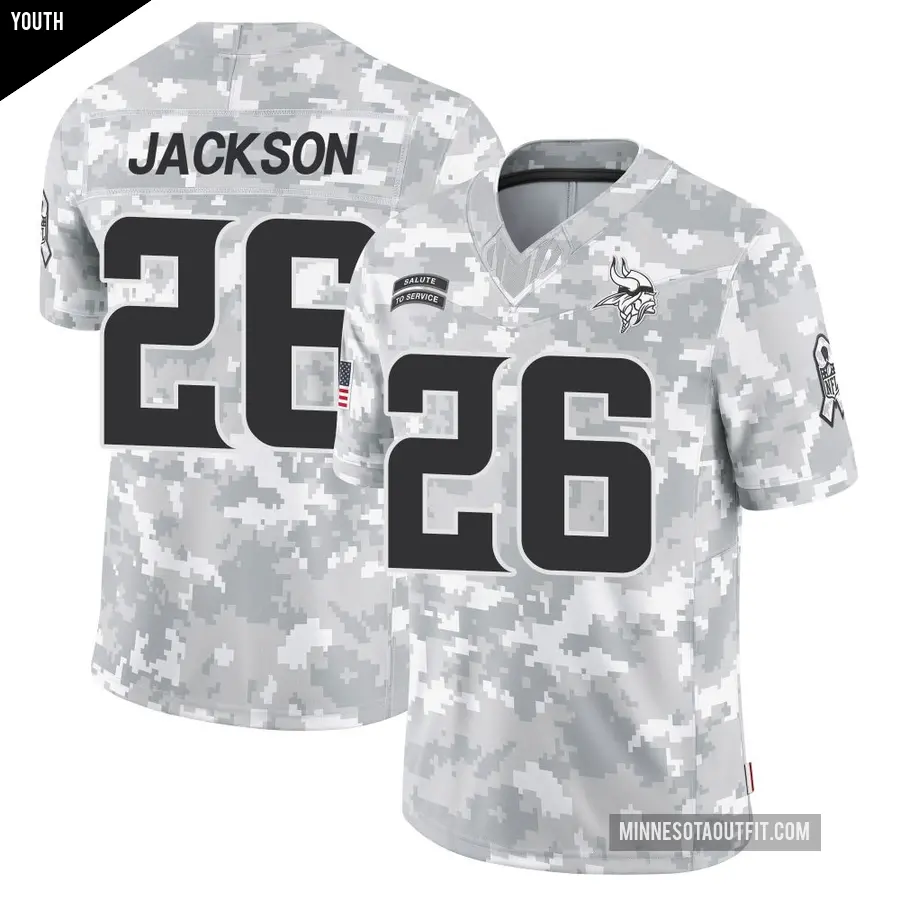 Youth Minnesota Vikings ＃26 Theo Jackson Arctic Camo Limited 2024 Salute to Service Jersey