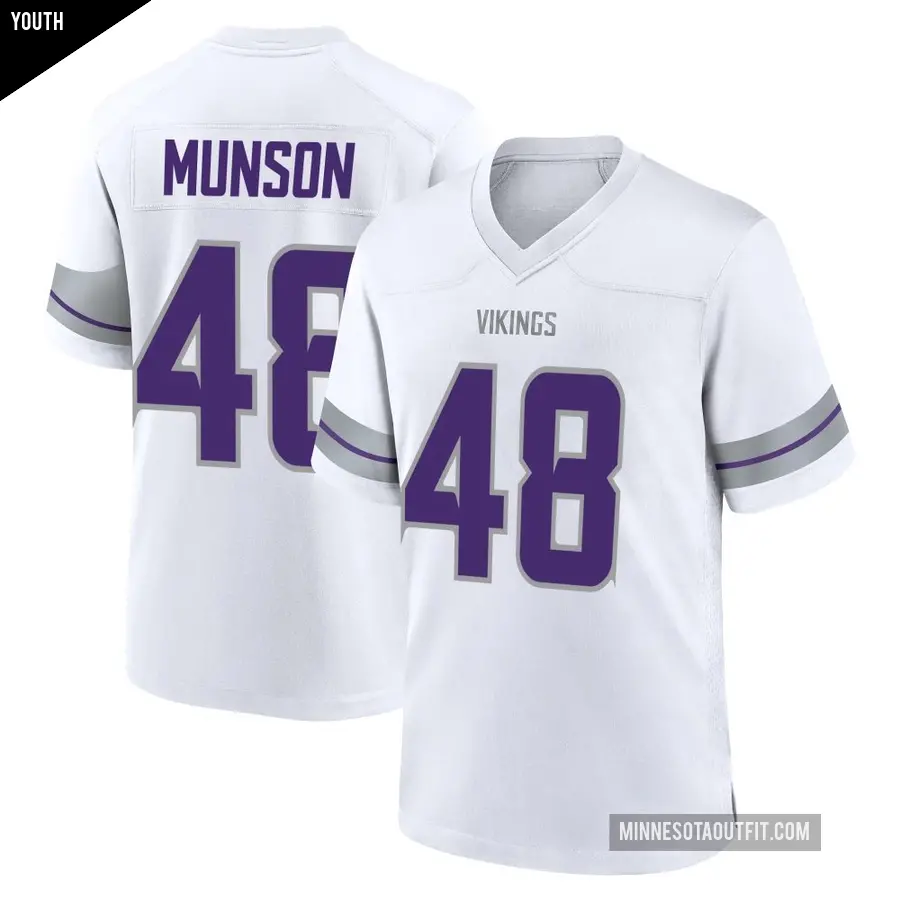 Youth Minnesota Vikings ＃48 Calvin Munson White Game Alternate Jersey