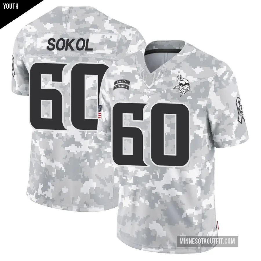 Youth Minnesota Vikings ＃60 Josh Sokol Arctic Camo Limited 2024 Salute to Service Jersey