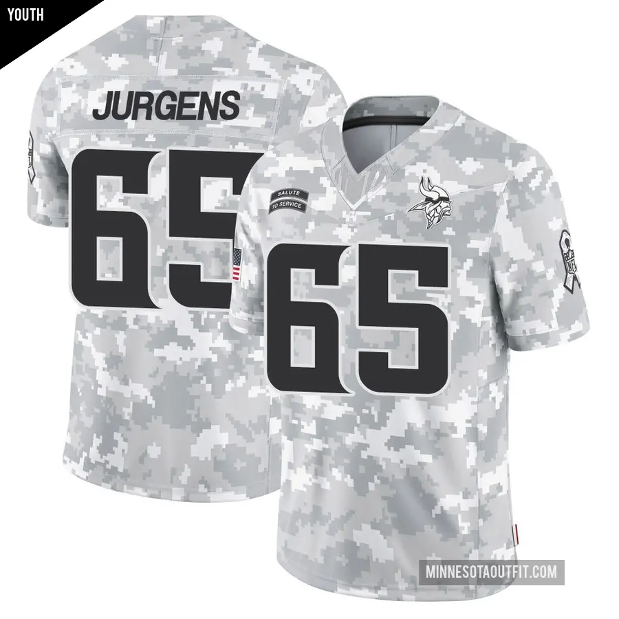 Youth Minnesota Vikings ＃65 Michael Jurgens Arctic Camo Limited 2024 Salute to Service Jersey