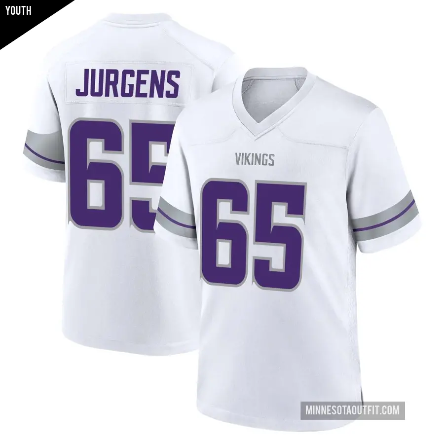 Youth Minnesota Vikings ＃65 Michael Jurgens White Game Alternate Jersey