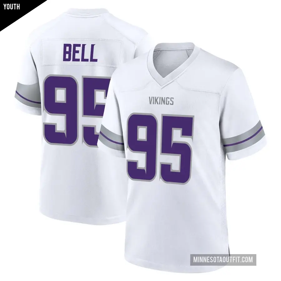 Youth Minnesota Vikings ＃95 Travis Bell White Game Alternate Jersey