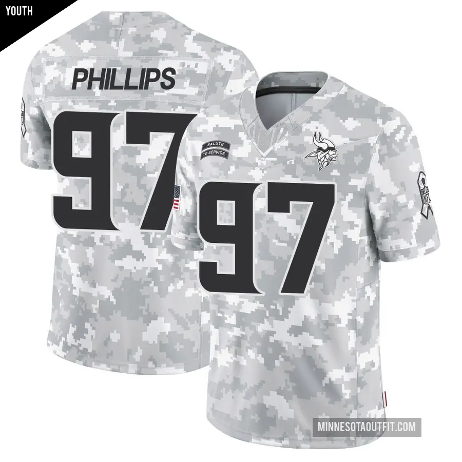 Youth Minnesota Vikings ＃97 Harrison Phillips Arctic Camo Limited 2024 Salute to Service Jersey