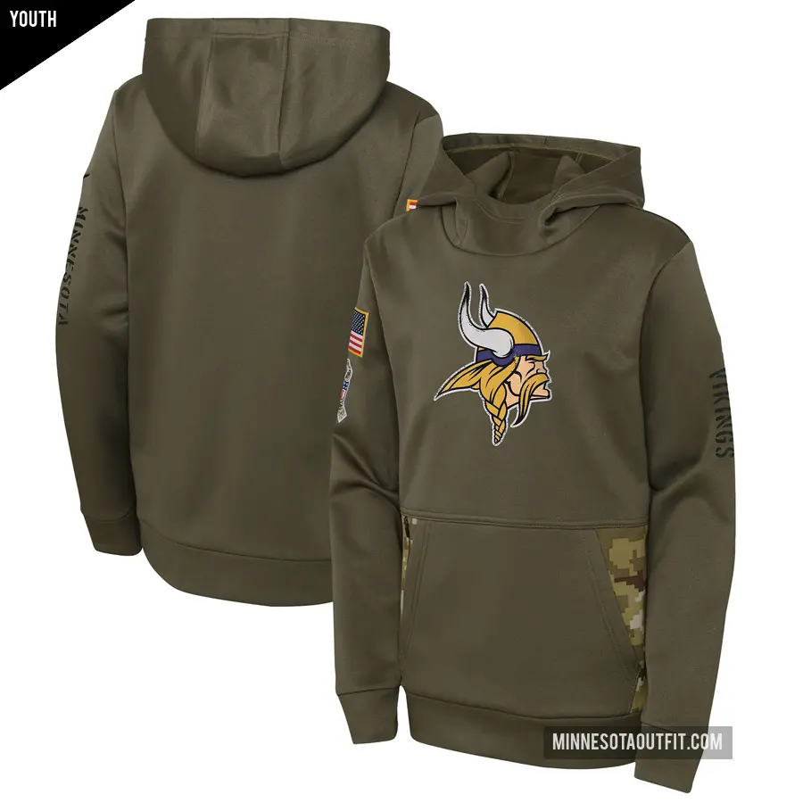 Youth Minnesota Vikings Olive 2022 Salute to Service Performance Pullover Hoodie